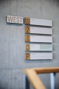 three wooden signs mounted to the side of a wall next to a banister and stairs