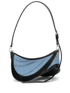 medium Spiral Curve 01 denim crossbody bag from MUGLER featuring black/blue, calf leather, denim, panelled design, silver-tone logo lettering, adjustable shoulder strap, top zip fastening and main compartment.Width 11,42 in / 29 cmHeight 5,91 in / 15 cmDepth 5,51 in / 14 cmStrap 39,37 in / 100 cm Denim Crossbody Bag, Denim Crossbody, Denim Shoulder Bags, Medium Sized Bags, Fancy Bags, Leather Denim, Pretty Bags, Strap Top, Strap Tops