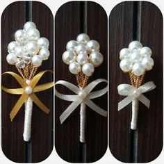 three different types of flowers made out of pearls and ribbon with bows on the stems