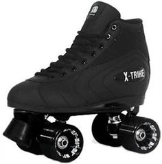 a pair of black roller skates with white lettering on the front and back wheels