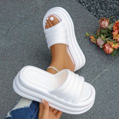 specification: Department Name: Adult Colors Available: Black, White, Pink, Rose Red Sizes: 36-37, 38-39, 40-41 Heel Type: Wedges, High Heels Shoe Items: Slippers, Slides, Flip Flops, Sandals Gender: Women, Woman, Lady, Ladies, Femme, Female, Mujer Shoe Type: Chunky Platform Slippers, Wedge Heel Sandals Seasons: Spring, Summer, Autumn Style: Casual, Fashion, Elegant, Vintage Occasions: Daily, Hi-Street, Beach, Holiday, Travel, Shopping Heel Height: 6.5 cm Applicable Place: Outside Brand Name: ZO White Thick-bottom Platform Slippers For Summer, Non-slip Platform Slippers For The Beach, Spring Beach Platform Slippers, Synthetic, Non-slip Open Toe Platform Slippers For Beach, Pink Cushioned Platform Slippers, Synthetic, Basic Heels, Slides Women, High Heel Wedges, Mary Jane Shoes Womens