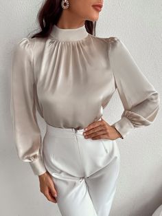 Beige Elegant  Long Sleeve Satin Plain Top Embellished Non-Stretch Spring/Fall Women Tops, Blouses & Tee