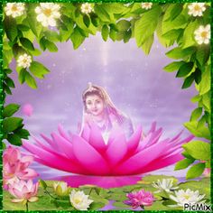 a woman sitting on top of a pink flower surrounded by leaves and water lilies