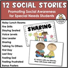 two social stories for special needs students with pictures of children and the words sharing on them