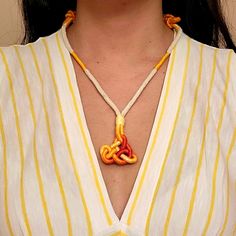 Unique, One-Of-A-Kind, Handmade, Necklace With Decorative Knot Design. Adjustable Necklace Length At The Longest Length = 27" Around Decorative Knots, Knot Design, Knot Necklace, Adjustable Necklace, Handmade Necklace, Necklace Length, Orange Yellow, Color Orange, Womens Jewelry Necklace