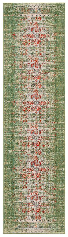 an area rug with green and red colors