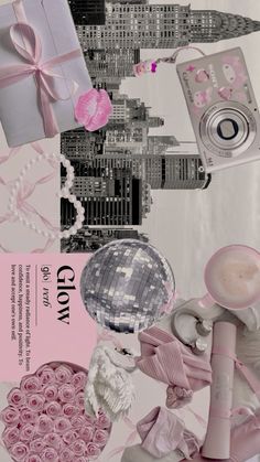 a collage of pink and white items in the shape of a cityscape