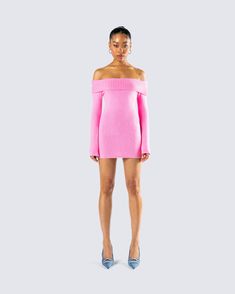 Pink is more than just a color, it’s an attitude 💅 Made from fully fashioned knit, complete with a fold-over neckline, an off-shoulder design, long sleeves, and a mini length - this look blends cozy and sass in the most iconic way 😚 Pink Faux Fur Mini Dress, Sweater Mini Dress, Future Of Fashion, Welcome To The Future, Black Off Shoulder, Fully Fashioned, No Waste, Graphic Top, Mini Sweater Dress