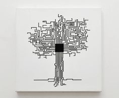 a black and white drawing of a tree in the middle of a square with squares on it