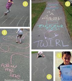 a collage of photos with chalk writing on the sidewalk and children playing in the street