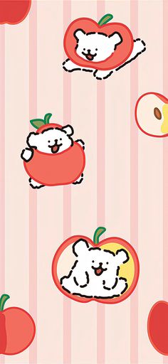 an image of apples and bears on a pink striped background with red apple slices in the middle