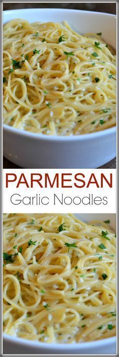 parmesan garlic noodles in a white bowl with parsley on top and the bottom