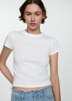 100% cotton T-shirt - Woman | MANGO USA Perfect White Tee, White T Shirt, Dress With Bow, Personal Stylist, White T, Striped Shirt, Cotton T Shirt, Shirts Tops, Cotton Tshirt