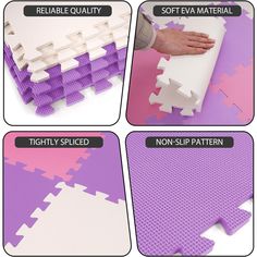 four different types of foam floor mats with instructions on how to put them in place