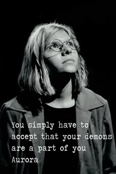 a woman with glasses and a quote on her face