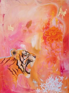 a painting of a tiger with flowers in the background