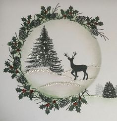 a christmas card with a deer and pine trees