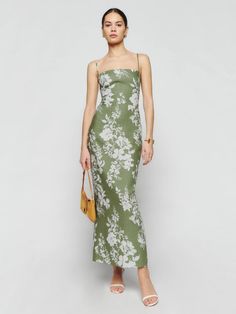 Frankie Linen Dress - Sleeveless | Reformation Daytime Dress, Bm Dresses, Party Hardy, Guest Attire, Ankle Length Dress, Reformation Dress, Straight Neckline, Reformation Dresses, Green Floral Dress