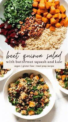 three bowls filled with different types of food and the words beet, quinoa salad