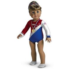 Two-in-One Gymnastics Outfit | American Girl Wiki | Fandom 2004 Olympics, Red Scrunchie, White Beams, Silk Flower Bouquets, Gymnastics Outfits, Flag Logo, White Stars, Wrist Cuffs, White Bow