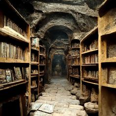 a long narrow room with many books on the shelves and stone flooring in it