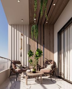 a balcony with chairs and plants on it