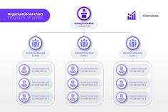 the organizational chart is shown in purple and white colors, with icons on each side