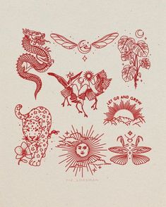 an image of some tattoos on a white paper with red ink in the middle and other symbols