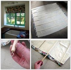 four different pictures showing the process of making curtains with fabric and wood dows, including a hand holding a pencil