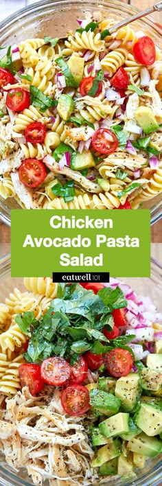 chicken and avocado pasta salad in a glass bowl