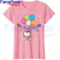 a pink shirt with an image of a hello kitty holding balloons and the words i'm