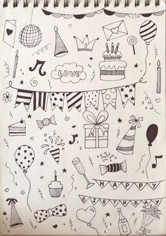 a notebook with birthday doodles on the page and balloons, streamers, stars, hearts, flags