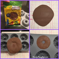 four pictures showing how to make chocolate donuts with model magic doughnuts in them