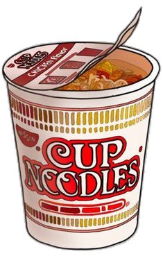 a drawing of a cup of noodles with a spoon in it and the words cup noodles on top