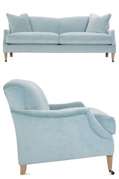 Hargrove French Country Blue Upholstered Tight Back Brown Wood Sofa - 85"W French Country Blue, Blue Velvet Fabric, Cloud Cushion, Cool Room, Country Blue, Wood Sofa, Blue Sofa, Kathy Kuo Home, French Blue