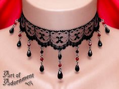 Lucrezia Lace Teardrop Choker by ArtOfAdornment Gothic Jewelry Diy, Gothic Lace, Filigree Pendant Necklace, Black Lace Choker, Gothic Chokers, Crystal Chandelier Earrings, Goth Jewelry