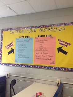 an interactive notebooks board in a classroom with two desks and one chair next to it