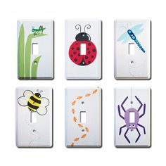 four light switch plates with different designs on them, one has a ladybug and the other has a bug