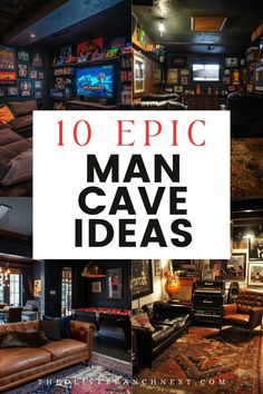 a man cave with couches, tables and pictures on the walls that say 10 epic man cave ideas