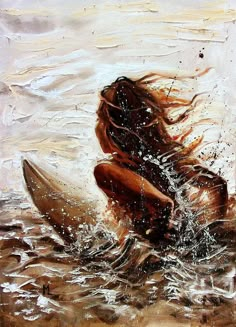 a painting of a woman riding a surfboard in the ocean with water splashing on her face