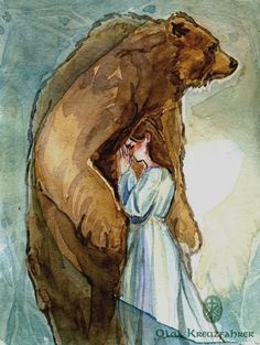 a painting of a woman standing next to a brown bear with her head in her hands