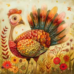 a painting of a turkey in a field of flowers