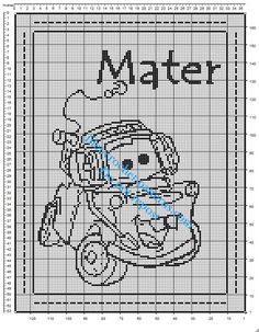 a cross stitch pattern with the name mater on it and a cartoon character in front