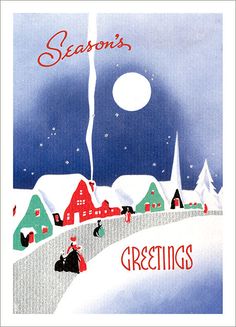 an old fashioned christmas card with a person on a sleigh