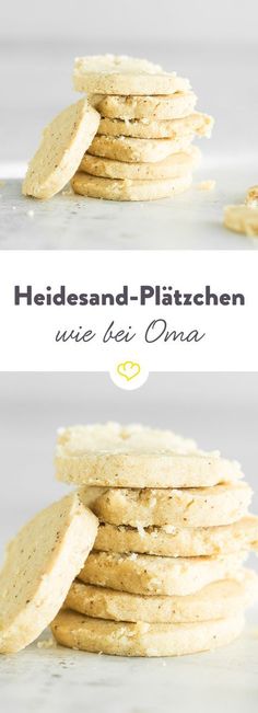 a stack of cookies sitting on top of a white counter next to the words heidesand - platzchen