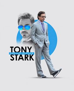 a man in a suit and sunglasses walking across a white background with the words tony stark on it