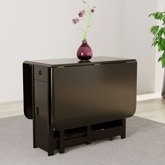 a black cabinet with a purple vase on top and a plant in the corner next to it