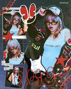 a girl with glasses and a guitar in front of her is surrounded by red stars