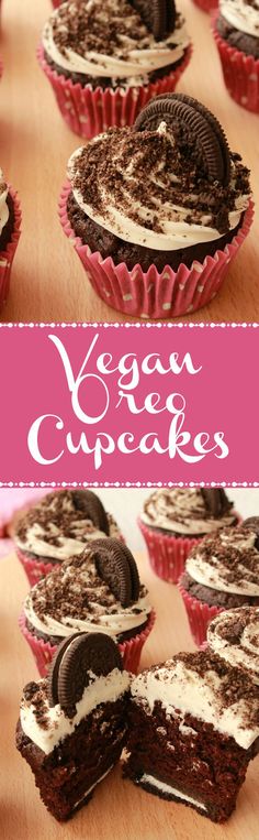 chocolate cupcakes with white frosting and oreo cookies on top are shown