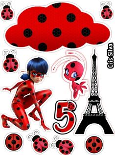 a lady bug sticker with the eiffel tower in the background and some ladybugs around it